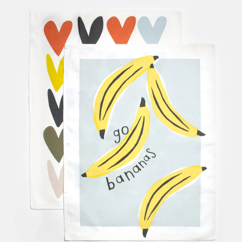 Banana/Multi Heart Tea Towel Set of 2>Caroline Gardner Shop