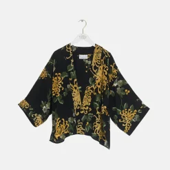 Black Chrysanthemum Crepe Short Kimono>Caroline Gardner Store
