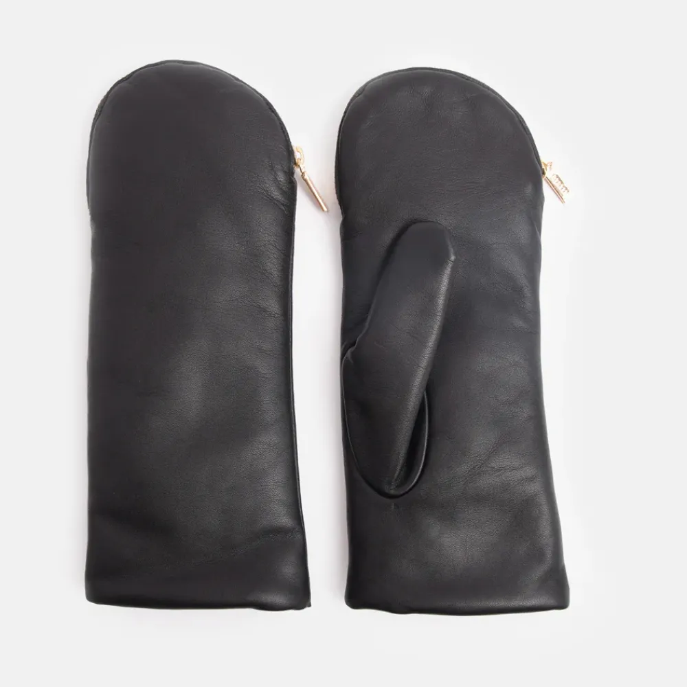 Black/Camel Fleece Lined Leather Zip Mittens>Caroline Gardner New