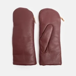Burgundy Fleece Lined Leather Zip Mittens>Caroline Gardner New