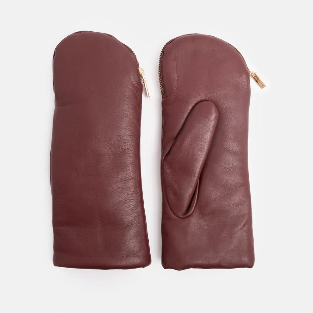 Burgundy Fleece Lined Leather Zip Mittens>Caroline Gardner New