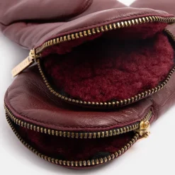 Burgundy Fleece Lined Leather Zip Mittens>Caroline Gardner New