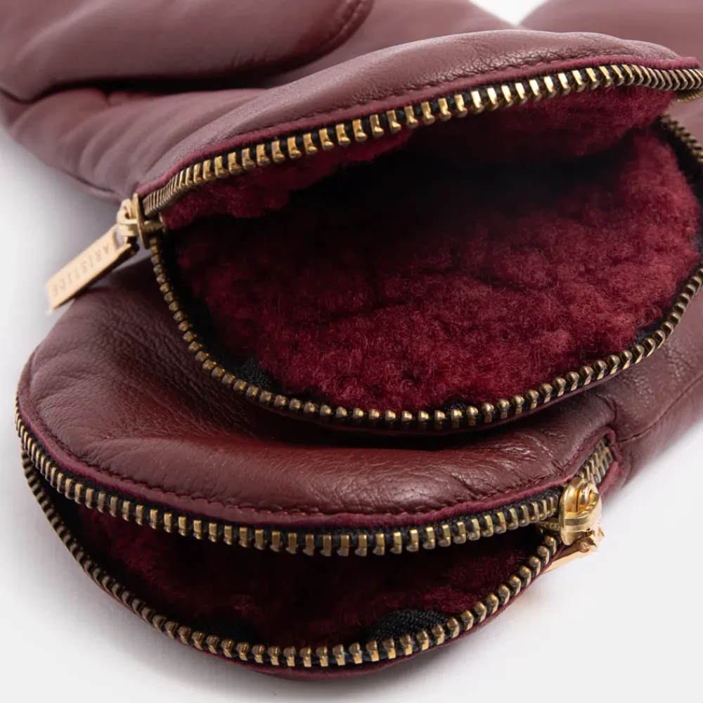 Burgundy Fleece Lined Leather Zip Mittens>Caroline Gardner New