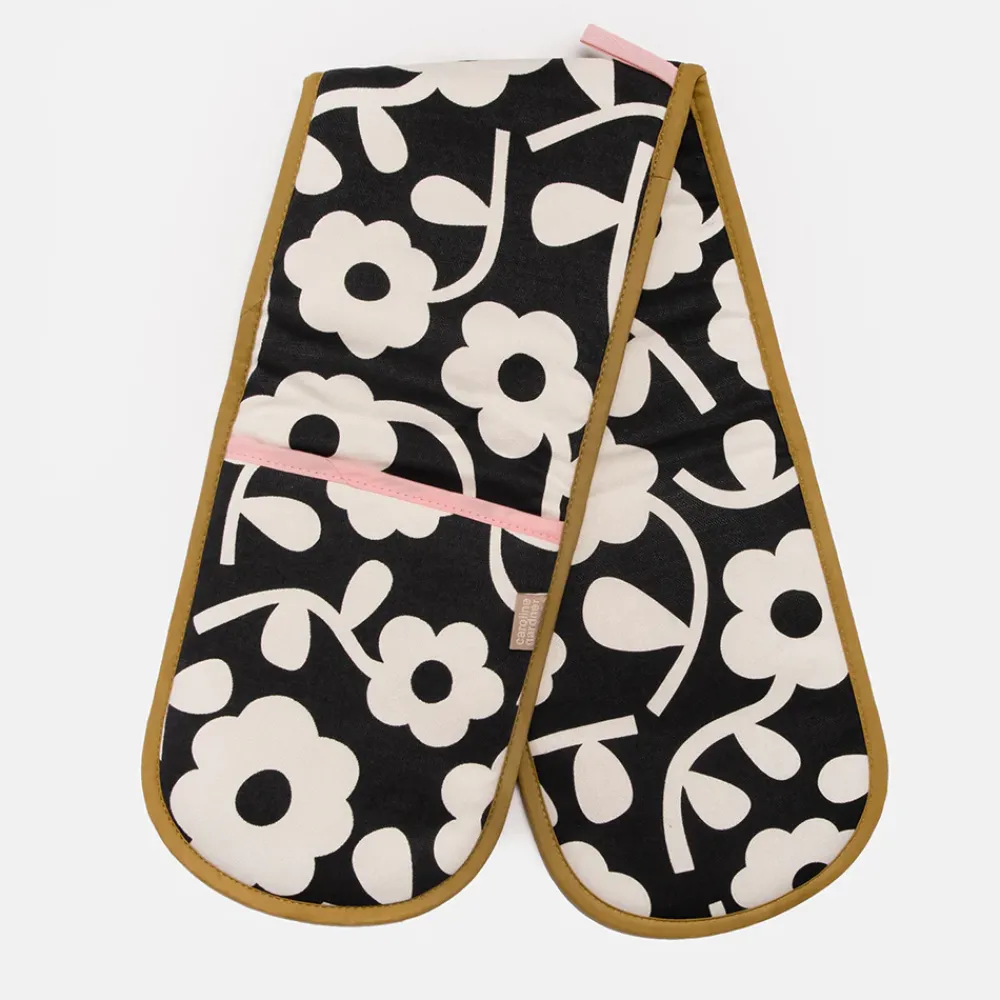 Charcoal Mono Floral Double Oven Glove>Caroline Gardner Store