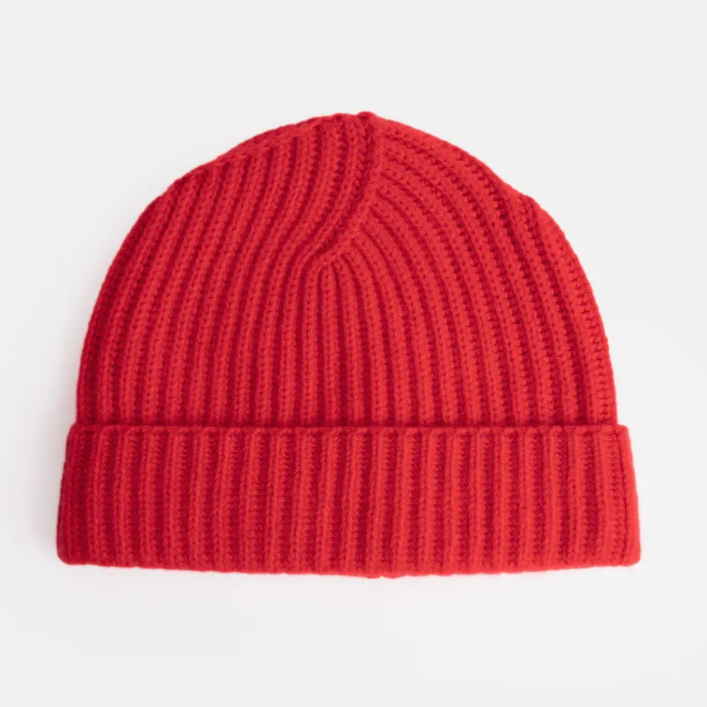 Crimson Red Cashmere Rib Beanie Hat>Caroline Gardner New