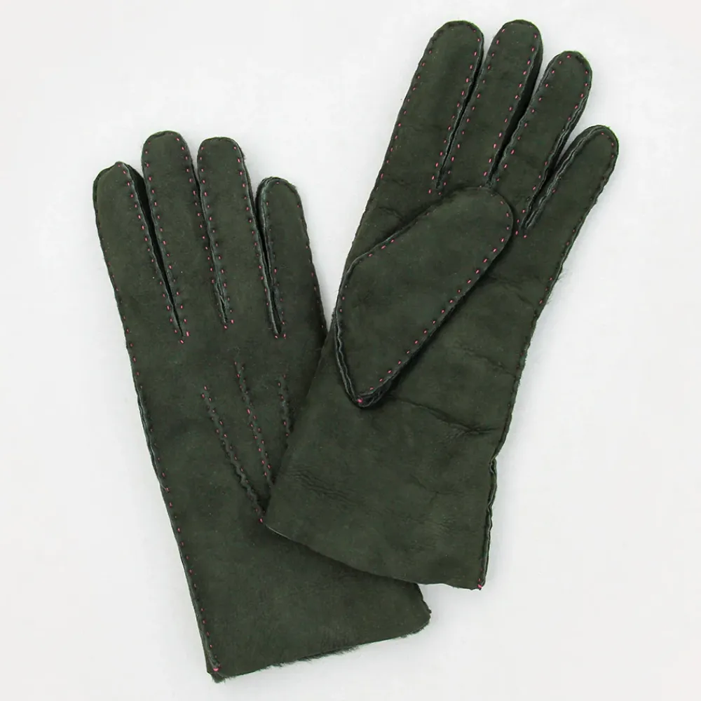 Dark Green Shearling Gloves>Caroline Gardner New