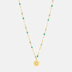 Gold Beaded & Disc Pendant Necklace>Caroline Gardner New