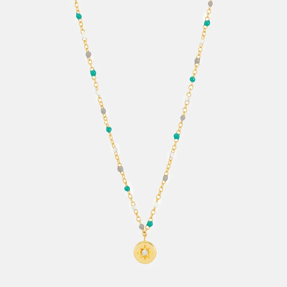 Gold Beaded & Disc Pendant Necklace>Caroline Gardner New
