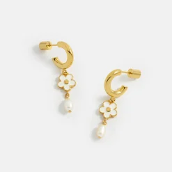 Gold Plated Enamel & Pearl Flower Hoop Earrings>Caroline Gardner Sale