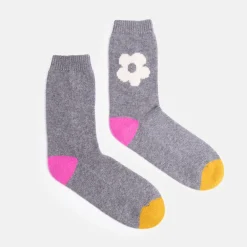Grey/Cream Flower Cashmere Bed Socks>Caroline Gardner Cheap