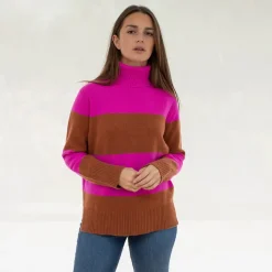 Hazelnut/Pink Striped Pure Cashmere Jumper>Caroline Gardner Fashion
