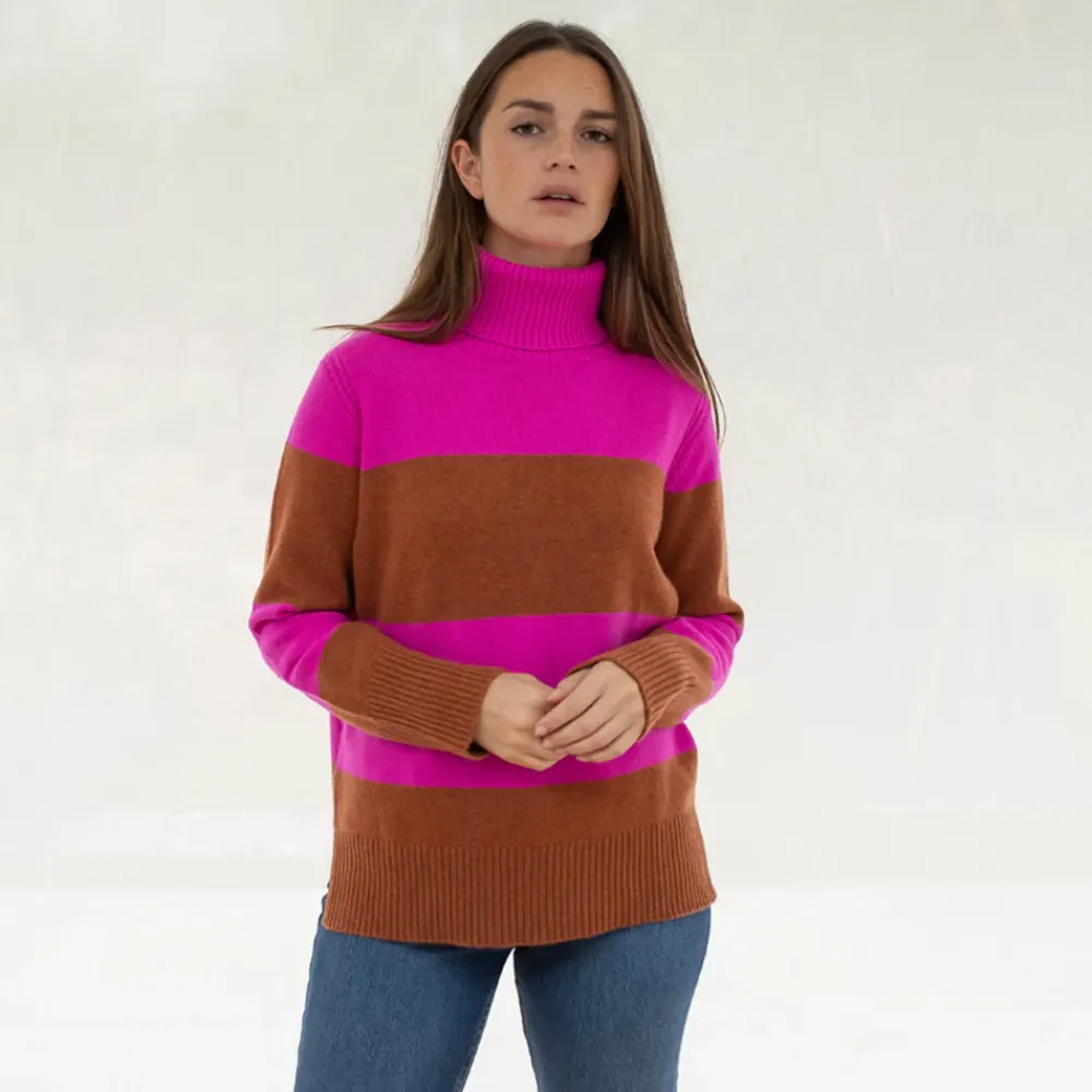 Hazelnut/Pink Striped Pure Cashmere Jumper>Caroline Gardner Fashion