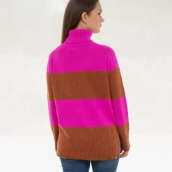 Hazelnut/Pink Striped Pure Cashmere Jumper>Caroline Gardner Fashion