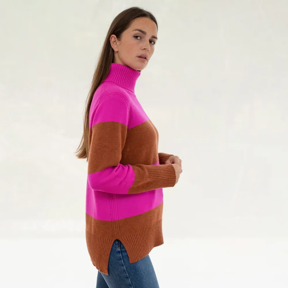 Hazelnut/Pink Striped Pure Cashmere Jumper>Caroline Gardner Fashion