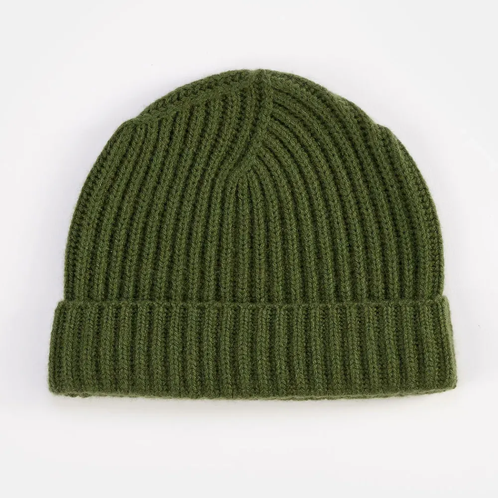 Khaki Green Cashmere Rib Beanie Hat>Caroline Gardner Online
