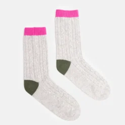 Light Grey/Pink/Khaki Cable Knit Cashmere Bed Socks>Caroline Gardner New