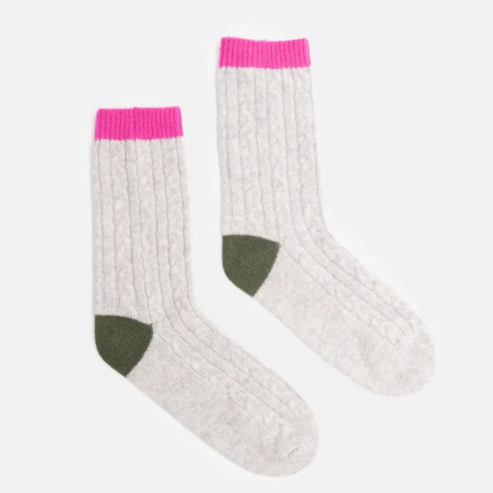 Light Grey/Pink/Khaki Cable Knit Cashmere Bed Socks>Caroline Gardner New