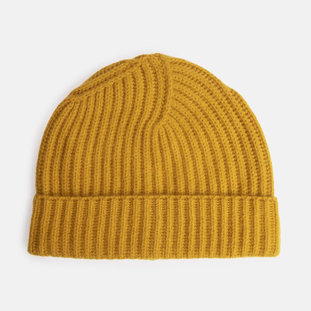Mustard Yellow Cashmere Rib Beanie Hat>Caroline Gardner Outlet