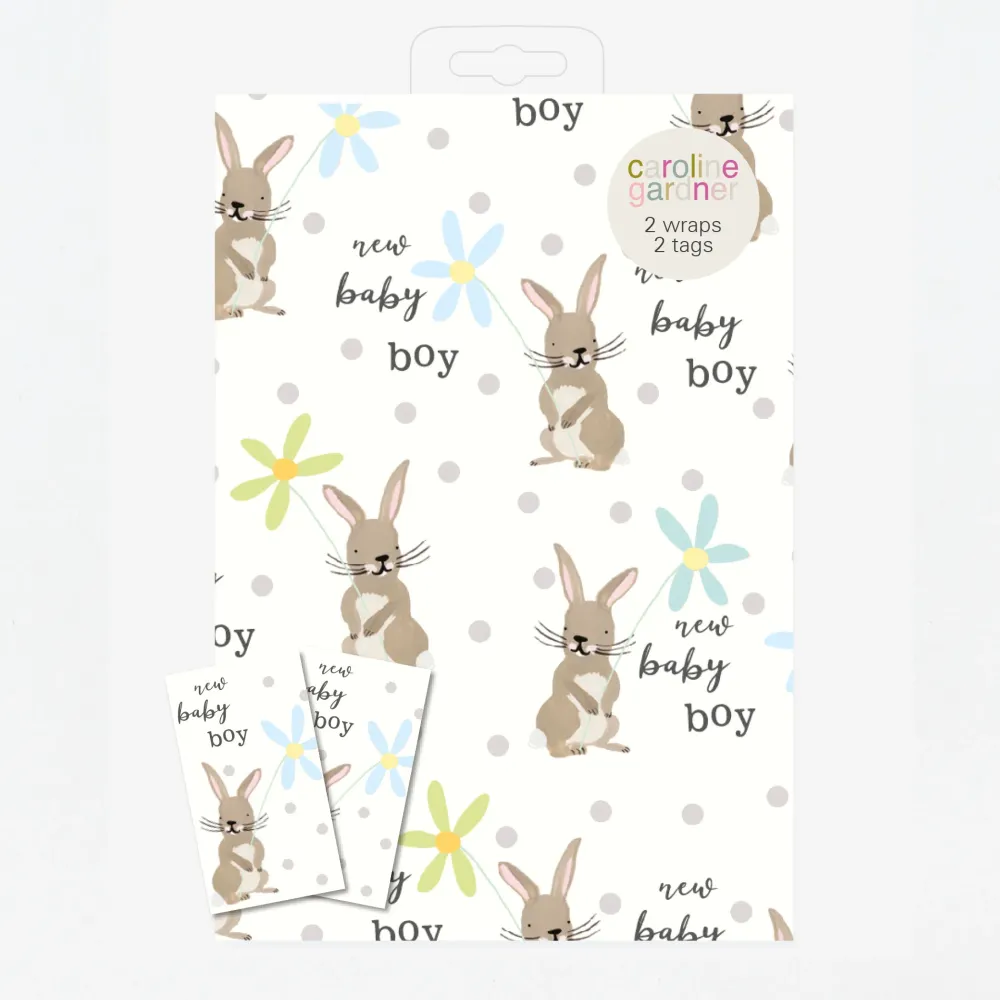 New Baby Boy Bunnies Wrapping Paper and Tags Set of 2>Caroline Gardner Hot