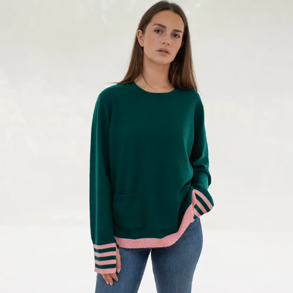 Pine Green/Pink Pure Cashmere Jumper>Caroline Gardner Outlet