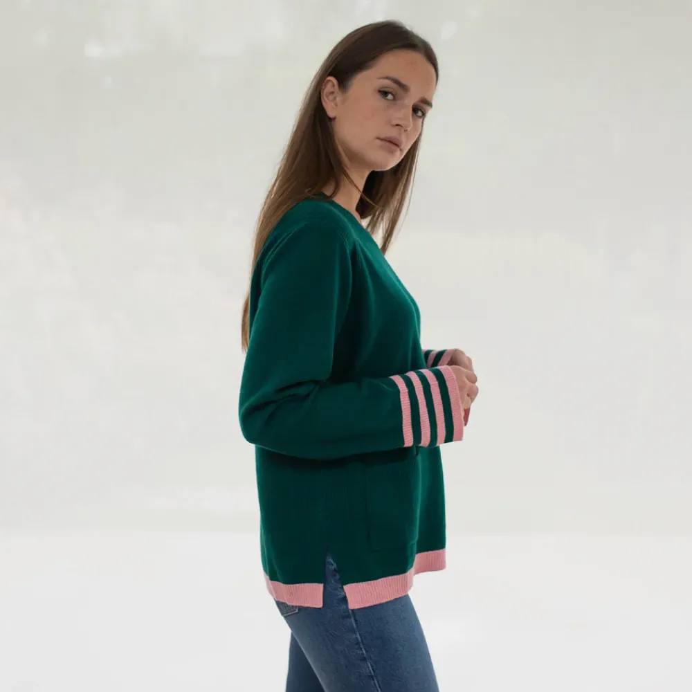 Pine Green/Pink Pure Cashmere Jumper>Caroline Gardner Outlet
