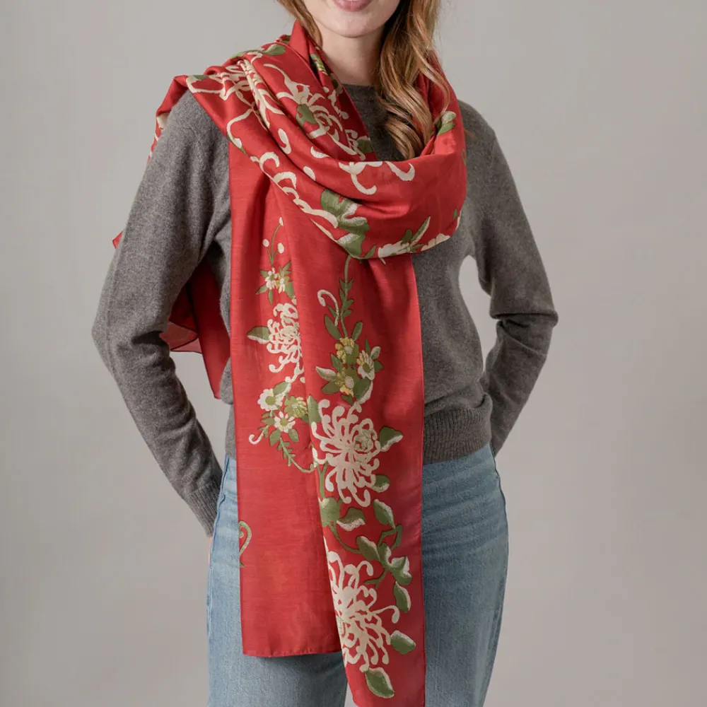 Red Chrysanthemum Scarf>Caroline Gardner Store