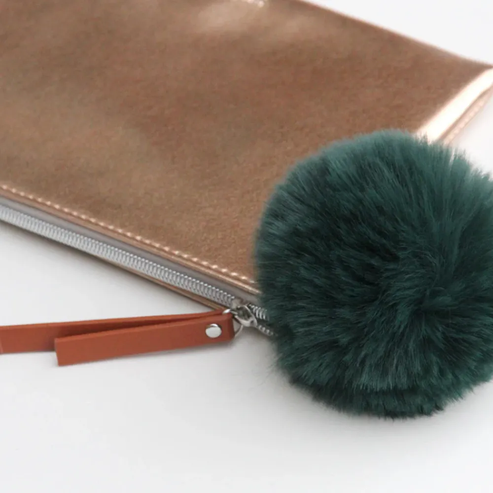 Rose Gold Pouch With Green Faux Fur Pom>Caroline Gardner Shop