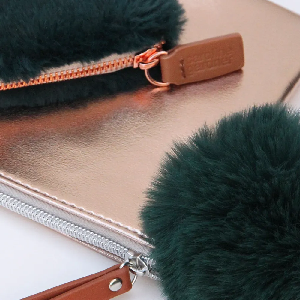 Rose Gold Pouch With Green Faux Fur Pom>Caroline Gardner Shop
